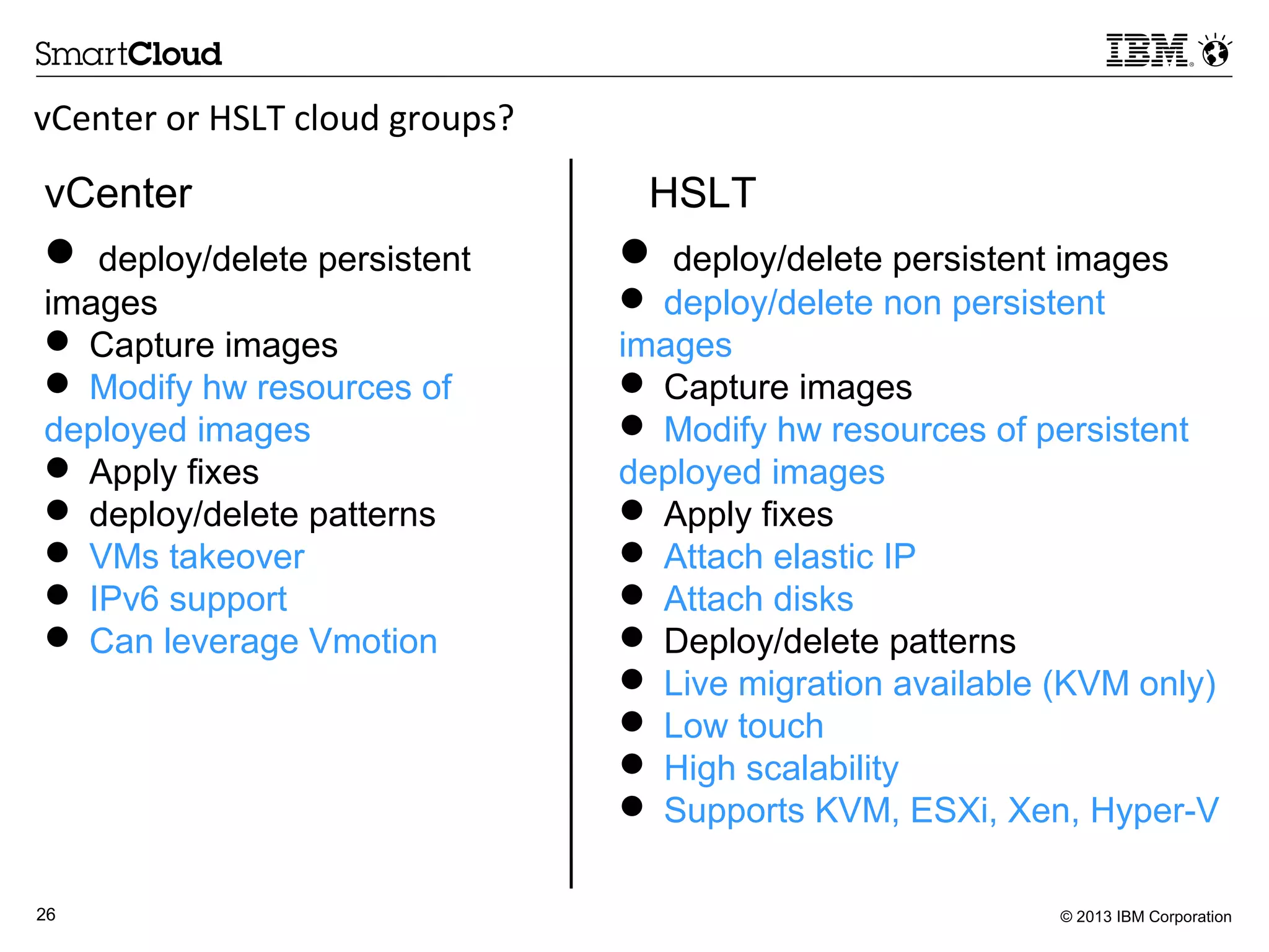 © 2013 IBM Corporation26
vCenter or HSLT cloud groups?
vCenter HSLT
 deploy/delete persistent
images
 Capture images
 Modify hw resources of
deployed images
 Apply fixes
 deploy/delete patterns
 VMs takeover
 IPv6 support
 Can leverage Vmotion
 deploy/delete persistent images
 deploy/delete non persistent
images
 Capture images
 Modify hw resources of persistent
deployed images
 Apply fixes
 Attach elastic IP
 Attach disks
 Deploy/delete patterns
 Live migration available (KVM only)
 Low touch
 High scalability
 Supports KVM, ESXi, Xen, Hyper-V
 
