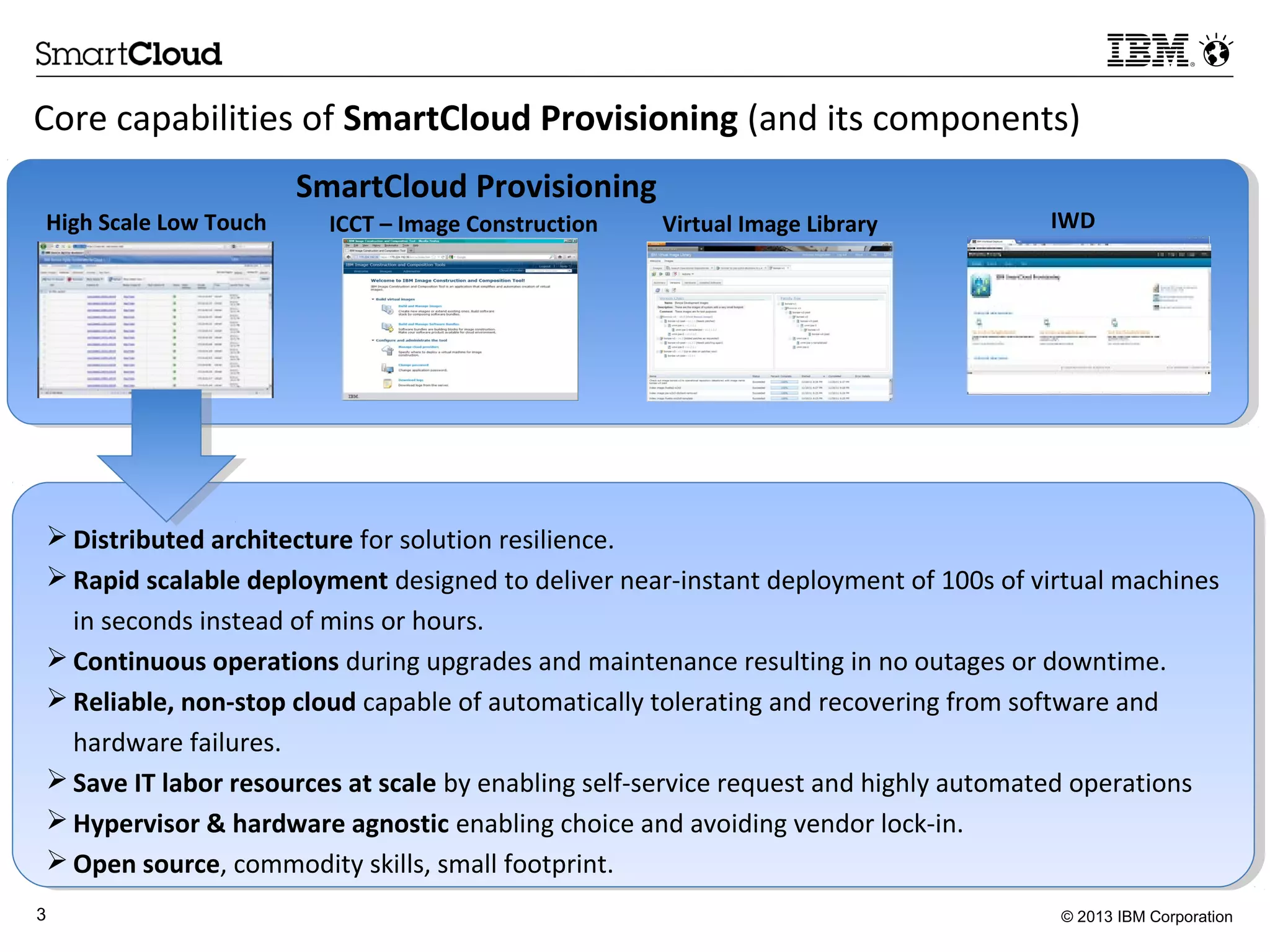 © 2013 IBM Corporation3
Core capabilities of SmartCloud Provisioning (and its components)
 Distributed architecture for solution resilience.
 Rapid scalable deployment designed to deliver near-instant deployment of 100s of virtual machines
in seconds instead of mins or hours.
 Continuous operations during upgrades and maintenance resulting in no outages or downtime.
 Reliable, non-stop cloud capable of automatically tolerating and recovering from software and
hardware failures.
 Save IT labor resources at scale by enabling self-service request and highly automated operations
 Hypervisor & hardware agnostic enabling choice and avoiding vendor lock-in.
 Open source, commodity skills, small footprint.
High Scale Low Touch ICCT – Image Construction Virtual Image Library IWD
SmartCloud Provisioning
 