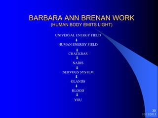BARBARA ANN BRENAN WORK
(HUMAN BODY EMITS LIGHT)
UNIVERSAL ENERGY FIELD
HUMAN ENERGY FIELD
CHACKRAS
NADIS
NERVOUS SYSTEM
GLANDS
BLOOD
YOU
10/11/2015
30
 