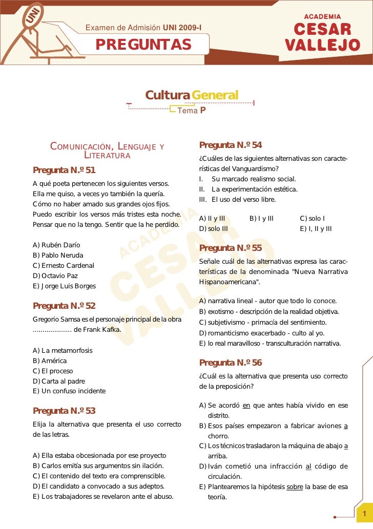preguntas uni cultura general examen de admision cultura 2009 i preguntas uni cultura general examen de admision cultura 2009 i