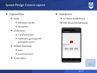 10/35
UCAmI
2015
System Design: Context capture
► Captured Data
► Audio
► RMSpoweranddBs
► Microphone
► Acceleration
► 3-axialacceleration
► Acceleration,gyroscopeand
geomagneticsensors
► Ambient luminosity
► Luxes
► Luminositysensor.
► Screen status
► Used devices
► LG Nexus 4 (100 hours)
► HTC Desire 816 (20 hours)
 