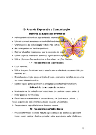 16- Área de Expressão e Comunicação
- Domínio da Expressão Dramática
 Participar em situações de jogo simbólico /dramático;
 Interagir com outras crianças em actividades de jogo simbólico;
 Criar situações de comunicação verbal e não verbal;
 Recriar experiências da vida quotidiana;
 Recrear situações imaginárias, usar a expressão do corpo;
 Utilizar objectos livremente, atribuindo significados múltiplos;
 Utilizar diferentes formas de mimar e dramatizar, canções ,histórias

17 - Procedimentos /actividades
 Ouvir histórias;
 Utilizar imagens de animais como suporte para a criação de pequenos diálogos,
histórias, etc.;
 Dramatizações, imitar alguns animais ,árvores…dramatizar canções, ex:era uma
vez um moinho entre outras
 Mostrar figuras para exprimirem as emoções que estas lhes transmitem;

18- Domínio da expressão motora
 Movimentar-se de varias formas locomotoras (ex. gatinhar, correr ,saltar...);
 Imitar gestos e movimentos;
 Experimentar e desenvolver a percussão corporal (batimentos, palmas...);
Tocar as partes do corpo mencionadas ao longo de uma canção;
 Desenvolver a motricidade fina e destreza manual.

19- Procedimentos/actividades
 Proporcionar meios onde se faculte a possibilidade de as crianças poderem:
trepar, correr, baloiçar, deslizar, rodopiar, saltar a pés juntos saltar obstáculos,

22

 