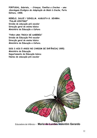 PORTUGAL, Gabriela, - Crianças, Famílias e Creches - uma
Abordagem Ecológica da Adaptação do Bebé à Creche , Porto
Editora, 1998;
REBELO, DULCE / DINIS,M. AUGUSTA G. SEABRA.
“FALAR CONTIGO”
Divisão de educação pré-escolar
Direcção geral do ensino básico
Ministério da Educação e Cultura
“PARA UMA TROCA DE SABERES”
Divisão de Educação Pré-escolar
Direcção geral do ensino básico
Ministério da Educação e Cultura.
DOS 3 AOS 5 ANOS NO JARDIM DE INFÂNCIA( 1995)
Ministério da Educação
Departamento da Educação básica
Núcleo de educação pré-escolar

Educadora de Infância

- Maria de Lurdes Valentim Gerardo
32

 