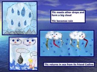Tlic meets other drops and form a big cloud  Tlic becomes rain Tlic returns in sea from its friend Codino 