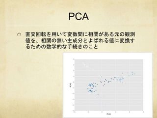 PCA 
直交回転を用いて変数間に相関がある元の観測 
値を、相関の無い主成分とよばれる値に変換す 
るための数学的な手続きのこと 
 