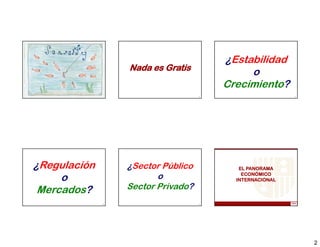 ¿Estabilidad
                   Nada es Gratis
                                               o
                                          Crecimiento?
              7                      8                      9




¿Regulación        ¿Sector Público           EL PANORAMA

     o                    o                   ECONÓMICO
                                            INTERNACIONAL

 Mercados?         Sector Privado?
              10                     11




                                                                2
 