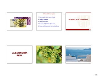 El Final del Euro en España


                    1. Depreciación de la Nueva Peseta

                    2. Quiebra Soberana                               UN MENSAJE DE ESPERANZA
                    3.
                    3 Pánico Financiero

                    4. Quiebras de Entidades Bancarias

                    5. Reformas Estructurales Mucho Más Duras


              115                                               116




LA ECONOMÍA
    REAL


              118                                               119                             120




                                                                                                      20
 