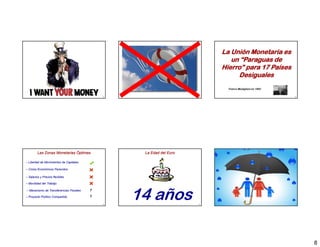 La Unión Monetaria es
                                                                              un “Paraguas de
                                                                           Hierro” para 17 Países
                                                                                   p
                                                                                Desiguales
                                                                             Franco Modigliani en 1992

                                             43                       44                                 45




         Las Zonas Monetarias Óptimas              La Edad del Euro

– Libertad de Movimientos de Capitales

– Ciclos Económicos Parecidos

– Salarios y Precios flexibles

– Movilidad del Trabajo

– Mecanismo de Transferencias Fiscales

– Proyecto Político Compartido
                                         ?
                                         ?

                                             46
                                                  14 años             47                                 48




                                                                                                              8
 