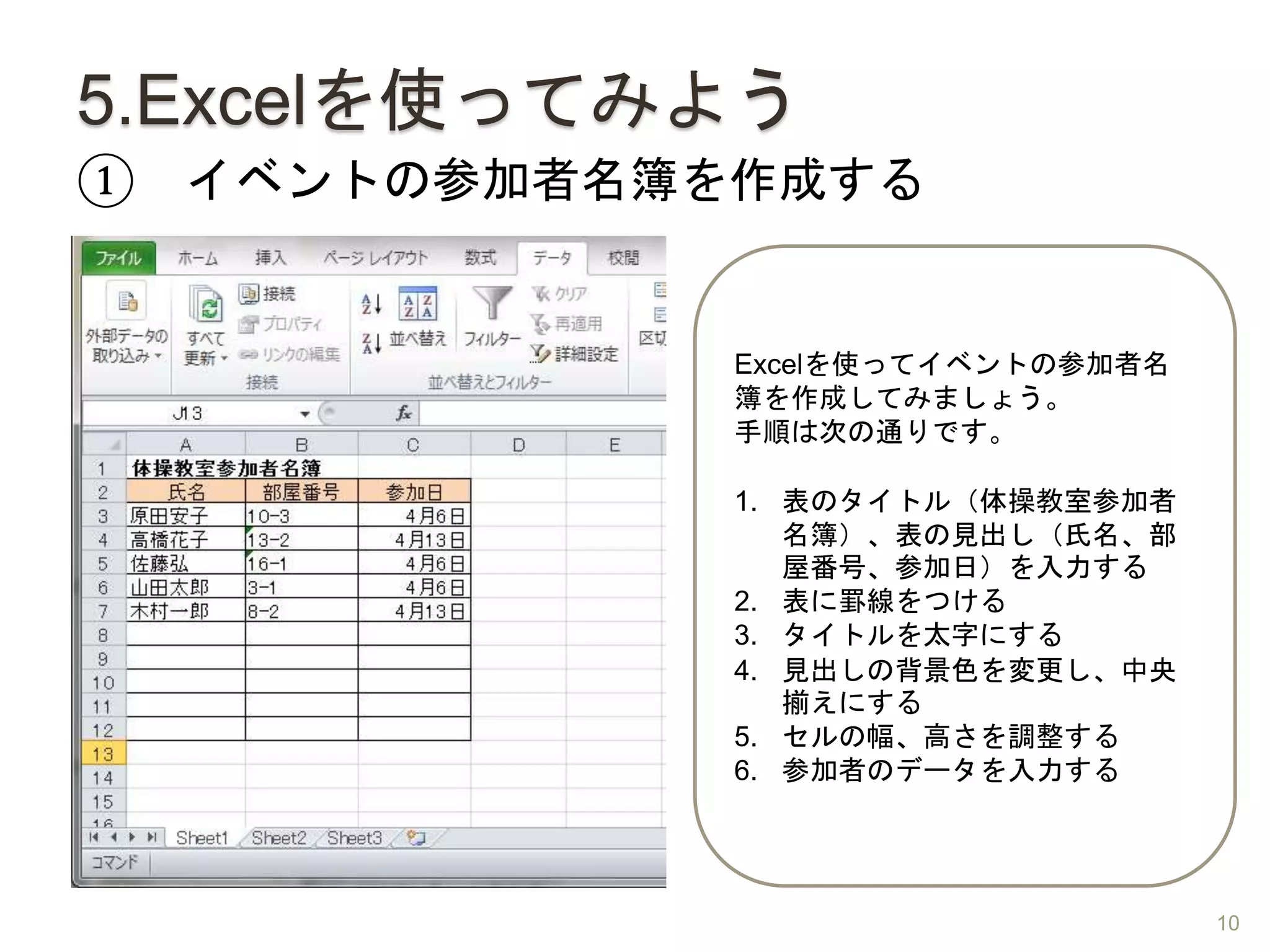 5.Excelを使ってみよう
① イベントの参加者名簿を作成する
Excelを使ってイベントの参加者名
簿を作成してみましょう。
手順は次の通りです。
1. 表のタイトル（体操教室参加者
名簿）、表の見出し（氏名、部
屋番号、参加日）を入力する
2. 表に罫線をつける
3. タイトルを太字にする
4. 見出しの背景色を変更し、中央
揃えにする
5. セルの幅、高さを調整する
6. 参加者のデータを入力する
10
 