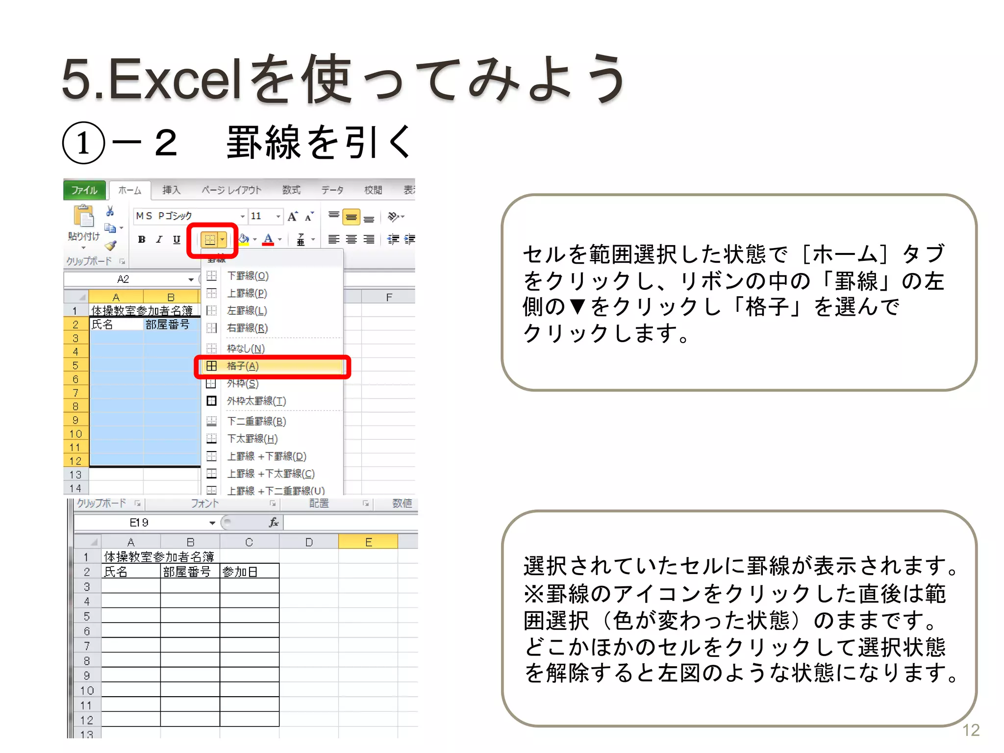 5.Excelを使ってみよう
①－２ 罫線を引く
セルを範囲選択した状態で［ホーム］タブ
をクリックし、リボンの中の「罫線」の左
側の▼をクリックし「格子」を選んで
クリックします。
選択されていたセルに罫線が表示されます。
※罫線のアイコンをクリックした直後は範
囲選択（色が変わった状態）のままです。
どこかほかのセルをクリックして選択状態
を解除すると左図のような状態になります。
12
 