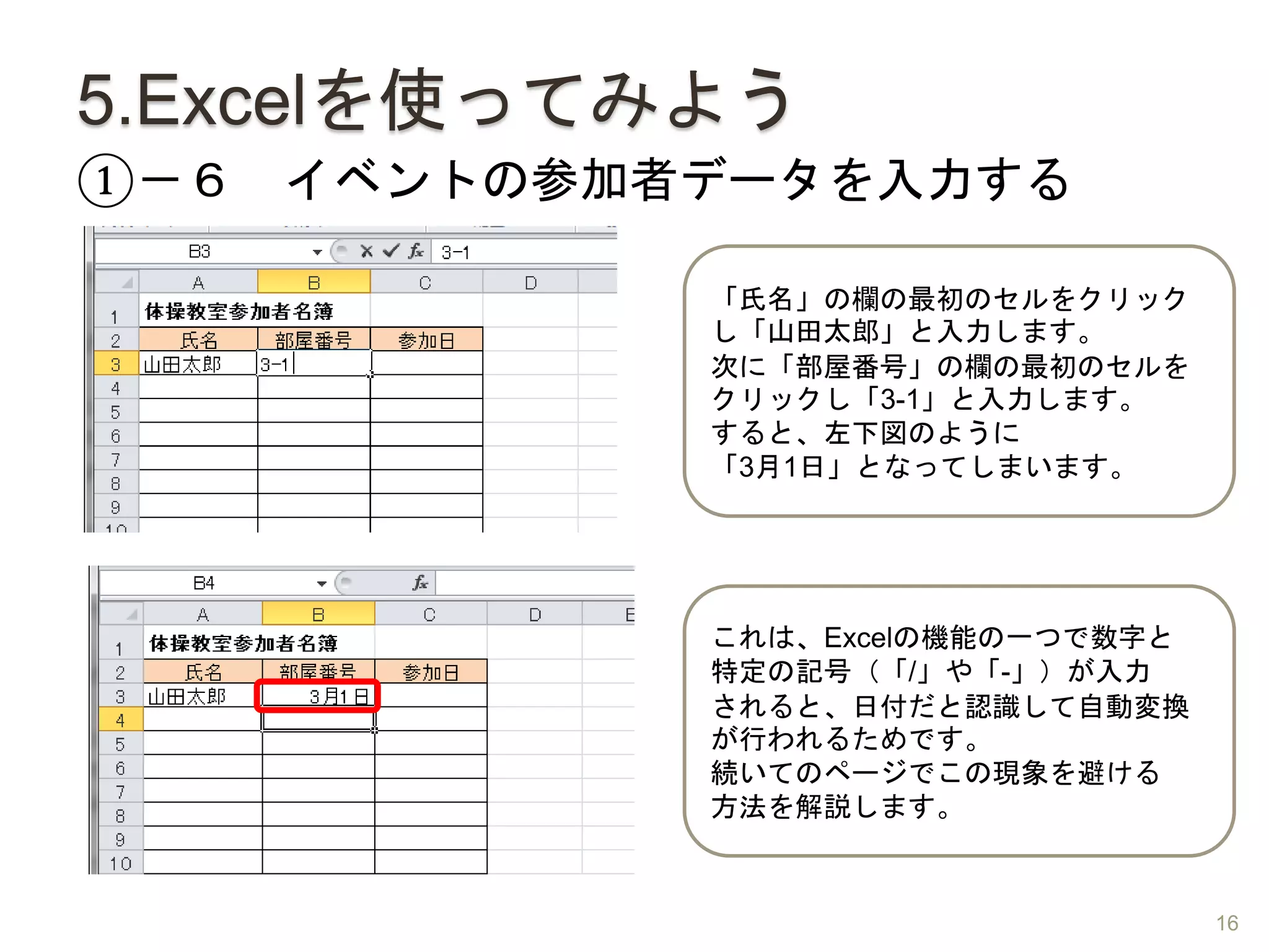5.Excelを使ってみよう
①－６ イベントの参加者データを入力する
「氏名」の欄の最初のセルをクリック
し「山田太郎」と入力します。
次に「部屋番号」の欄の最初のセルを
クリックし「3-1」と入力します。
すると、左下図のように
「3月1日」となってしまいます。
これは、Excelの機能の一つで数字と
特定の記号（「/」や「-」）が入力
されると、日付だと認識して自動変換
が行われるためです。
続いてのページでこの現象を避ける
方法を解説します。
16
 