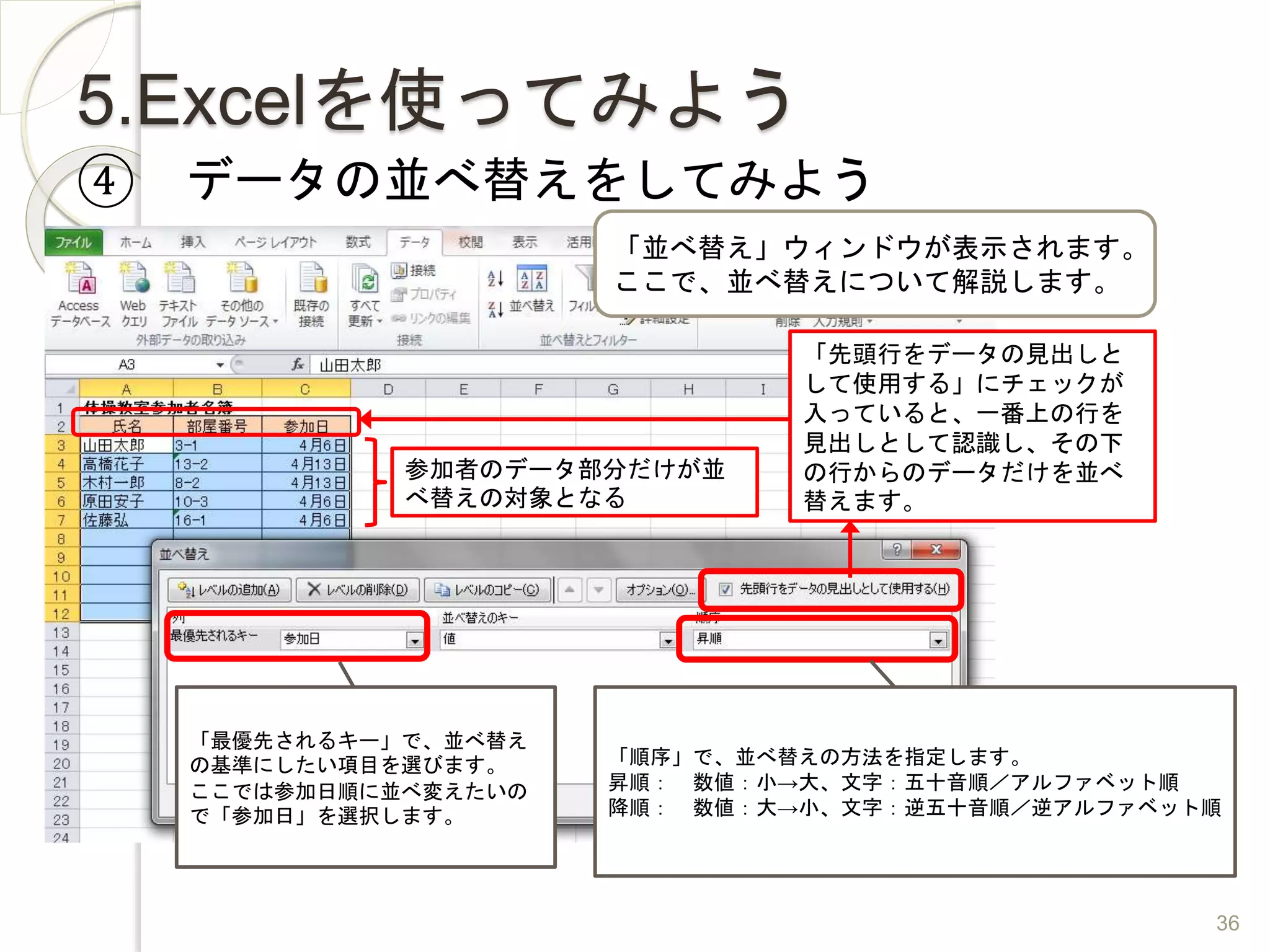 5.Excelを使ってみよう
④ データの並べ替えをしてみよう
「並べ替え」ウィンドウが表示されます。
ここで、並べ替えについて解説します。
「先頭行をデータの見出しと
して使用する」にチェックが
入っていると、一番上の行を
見出しとして認識し、その下
の行からのデータだけを並べ
替えます。
参加者のデータ部分だけが並
べ替えの対象となる
「最優先されるキー」で、並べ替え
の基準にしたい項目を選びます。
ここでは参加日順に並べ変えたいの
で「参加日」を選択します。
「順序」で、並べ替えの方法を指定します。
昇順： 数値：小→大、文字：五十音順／アルファベット順
降順： 数値：大→小、文字：逆五十音順／逆アルファベット順
36
 