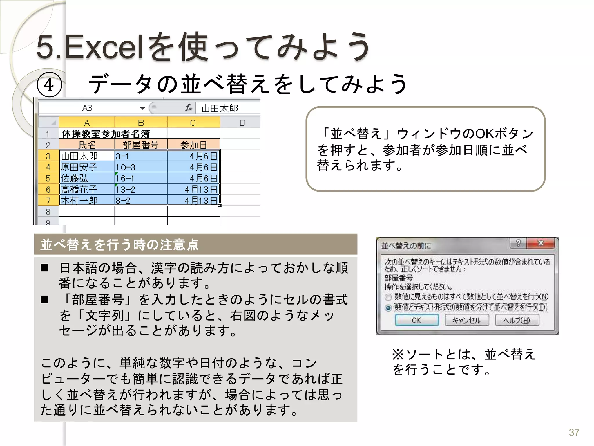 5.Excelを使ってみよう
④ データの並べ替えをしてみよう
「並べ替え」ウィンドウのOKボタン
を押すと、参加者が参加日順に並べ
替えられます。
並べ替えを行う時の注意点
 日本語の場合、漢字の読み方によっておかしな順
番になることがあります。
 「部屋番号」を入力したときのようにセルの書式
を「文字列」にしていると、右図のようなメッ
セージが出ることがあります。
このように、単純な数字や日付のような、コン
ピューターでも簡単に認識できるデータであれば正
しく並べ替えが行われますが、場合によっては思っ
た通りに並べ替えられないことがあります。
※ソートとは、並べ替え
を行うことです。
37
 