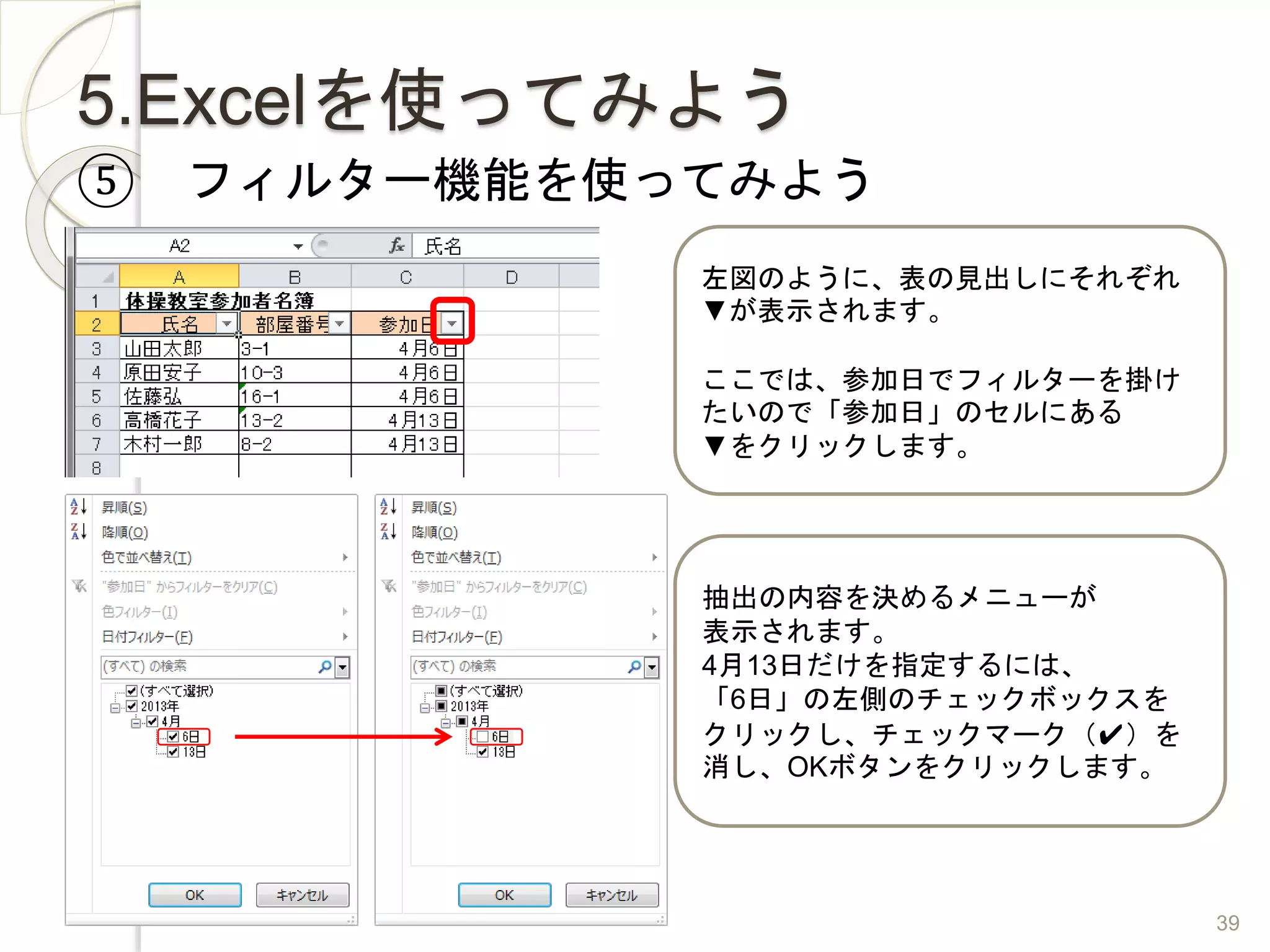 5.Excelを使ってみよう
⑤ フィルター機能を使ってみよう
左図のように、表の見出しにそれぞれ
▼が表示されます。
ここでは、参加日でフィルターを掛け
たいので「参加日」のセルにある
▼をクリックします。
抽出の内容を決めるメニューが
表示されます。
4月13日だけを指定するには、
「6日」の左側のチェックボックスを
クリックし、チェックマーク（✔）を
消し、OKボタンをクリックします。
39
 