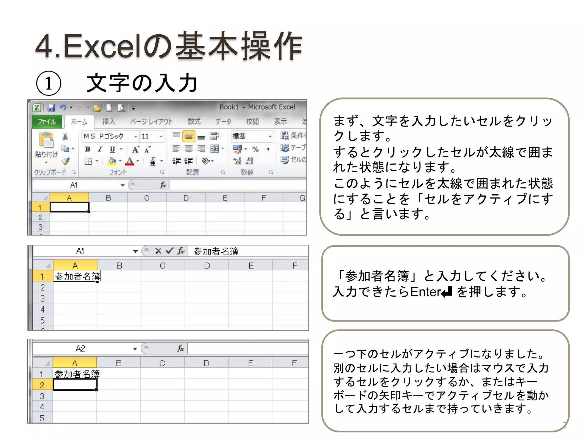 4.Excelの基本操作
① 文字の入力
まず、文字を入力したいセルをクリッ
クします。
するとクリックしたセルが太線で囲ま
れた状態になります。
このようにセルを太線で囲まれた状態
にすることを「セルをアクティブにす
る」と言います。
「参加者名簿」と入力してください。
入力できたらEnter を押します。
一つ下のセルがアクティブになりました。
別のセルに入力したい場合はマウスで入力
するセルをクリックするか、またはキー
ボードの矢印キーでアクティブセルを動か
して入力するセルまで持っていきます。
7
 