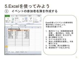 5.ExcelʹäƤߤ褦
 ٥Ȥβμɤ
Excelʹäƥ٥Ȥβμ
ɤƤߤޤ礦
혤ϴΤͨǤ
1. Υȥ루ٽҲμ
Ҋ
ݷšμգ
2. LĤ
3. ȥ̫֤ˤ
4. Ҋαɫ
Bˤ
5. ηߤ{
6. μߤΥǩ`
10
 