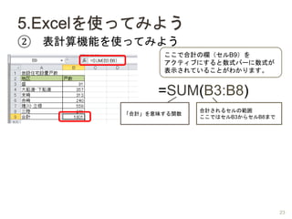 5.ExcelʹäƤߤ褦
 ӋCܤʹäƤߤ褦
ǺӋΙڣB9
ƥ֤ˤʽЩ`ʽ
ʾƤ뤳Ȥ狼ޤ
=SUM(B3:B8)
Ӌζv
Ӌ륻ι
ǤϥB3饻B8ޤ
23
 