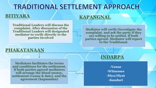 Traditional Leaders will discuss the
complaint. After discussion of the
Traditional Leaders will designated
mediator to verify directly to the
parties involved
Mediator will verify/Investigate the
complaint. and ask the party if they
are willing to be settled. If both
parties agreed. Mediator will report
to the Traditional.
Mediators facilitates the terms
and conditions for the settlement.
If both parties agreed mediators
will arrange the blood money,
settlement (venue & date), and the
agreement (kapasadan)
-Venue
-Witnesses
-Diya/Diyat
-Kanduri
PHAKATANAAN
KAPANGNAL
BITIYARA
INDARPA
 