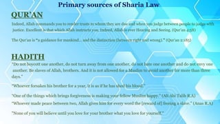 Indeed, Allah commands you to render trusts to whom they are due and when you judge between people to judge with
justice. Excellent is that which Allah instructs you. Indeed, Allah is ever Hearing and Seeing. (Qur’an 4:58)
The Qur’an is “a guidance for mankind… and the distinction (between right and wrong).” (Qur’an 2:185)
“Do not boycott one another, do not turn away from one another, do not hate one another and do not envy one
another. Be slaves of Allah, brothers. And it is not allowed for a Muslim to avoid another for more than three
days.”
“Whoever forsakes his brother for a year, it is as if he has shed his blood.”
“One of the things which brings forgiveness is making your fellow Muslim happy.” (Ali Abi Talib R.A)
“Whoever made peace between two, Allah gives him for every word the [reward of] freeing a slave.” (Anas R.A)
"None of you will believe until you love for your brother what you love for yourself."
HADITH
QUR’AN
Primary sources of Sharia Law
 