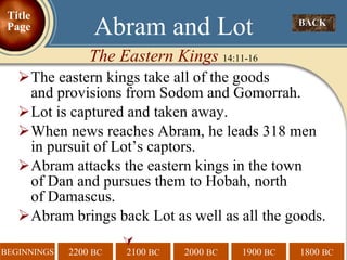 The eastern kings take all of the goods  and provisions from Sodom and Gomorrah. Lot is captured and taken away. When news reaches Abram, he leads 318 men in pursuit of Lot’s captors. Abram attacks the eastern kings in the town  of Dan and pursues them to Hobah, north  of Damascus. Abram brings back Lot as well as all the goods.  BACK  Abram and Lot The Eastern Kings  14:11-16 Title Page 
