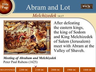  BACK  Abram and Lot Melchizedek  14:17 After defeating  the eastern kings,  the king of Sodom  and King Melchizedek of Salem (Jerusalem) meet with Abram at the Valley of Shaveh. Title Page Meeting of Abraham and Melchizedek   Peter Paul Rubens (1625)   