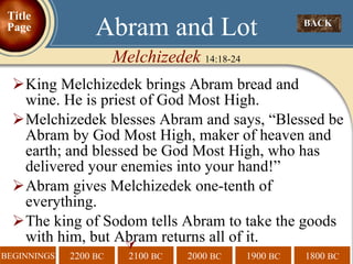 King Melchizedek brings Abram bread and  wine. He is priest of God Most High.  Melchizedek blesses Abram and says, “Blessed be Abram by God Most High, maker of heaven and earth; and blessed be God Most High, who has delivered your enemies into your hand!” Abram gives Melchizedek one-tenth of everything. The king of Sodom tells Abram to take the goods with him, but Abram returns all of it.  BACK  Abram and Lot Melchizedek  14:18-24 Title Page 