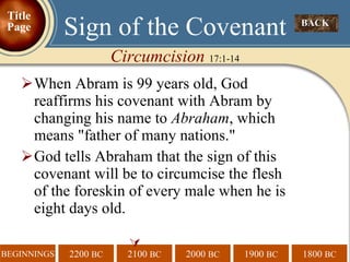 When Abram is 99 years old, God reaffirms his covenant with Abram by changing his name to  Abraham , which means "father of many nations." God tells Abraham that the sign of this covenant will be to circumcise the flesh of the foreskin of every male when he is eight days old.  BACK  Sign of the Covenant Circumcision  17:1-14 Title Page 