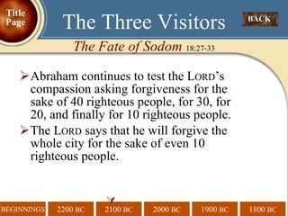 Abraham continues to test the L ORD ’s compassion asking forgiveness for the sake of 40 righteous people, for 30, for 20, and finally for 10 righteous people. The L ORD  says that he will forgive the whole city for the sake of even 10 righteous people.  BACK  The Three Visitors The Fate of Sodom  18:27-33 Title Page 