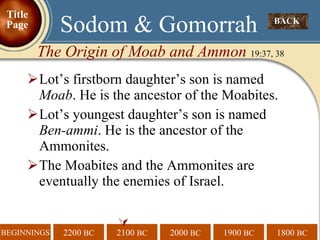 Lot’s firstborn daughter’s son is named  Moab . He is the ancestor of the Moabites. Lot’s youngest daughter’s son is named  Ben-ammi . He is the ancestor of the Ammonites.  The Moabites and the Ammonites are eventually the enemies of Israel.   BACK  Sodom & Gomorrah The Origin of Moab and Ammon  19:37, 38 Title Page 