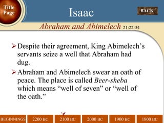 Despite their agreement, King Abimelech’s servants seize a well that Abraham had dug. Abraham and Abimelech swear an oath of peace. The place is called  Beer-sheba  which means “well of seven” or “well of the oath.”   BACK  Isaac Abraham and Abimelech  21:22-34 Title Page 