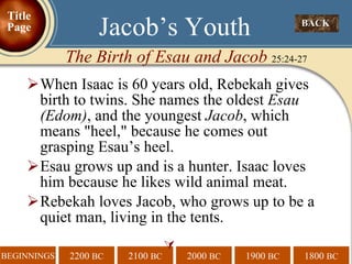 When Isaac is 60 years old, Rebekah gives birth to twins. She names the oldest  Esau   (Edom) ,   and the youngest  Jacob , which means "heel," because he comes out grasping Esau’s heel.  Esau grows up and is a hunter. Isaac loves him because he likes wild animal meat. Rebekah loves Jacob, who grows up to be a quiet man, living in the tents.  BACK  Jacob’s Youth The Birth of Esau and Jacob  25:24-27 Title Page 