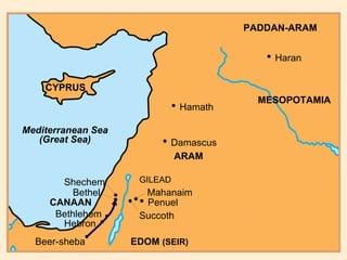 • • • Bethel • Beer-sheba Hebron  • • Bethlehem CANAAN Shechem Succoth •  Penuel • Mahanaim GILEAD •  Damascus •  Hamath EDOM  (SEIR) CYPRUS Mediterranean Sea (Great Sea) ARAM PADDAN-ARAM •  Haran MESOPOTAMIA 