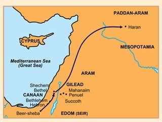 • • • Bethel • Beer-sheba Hebron  • • Bethlehem CANAAN Shechem Succoth •  Penuel • Mahanaim GILEAD EDOM  (SEIR) CYPRUS Mediterranean Sea (Great Sea) ARAM PADDAN-ARAM •  Haran MESOPOTAMIA 