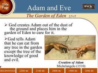 God creates Adam out of the dust of  the ground and places him in the garden of Eden to care for it. Adam and Eve The Garden of Eden   2:7-17  2100  BC 2200  BC BEGINNINGS 2000  BC 1900  BC 1800  BC BACK  Title Page God tells Adam    that he can eat from      any tree in the garden    except the tree of the    knowledge of good    and evil. Creation of Adam  Michelangelo (1510) 