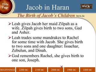 Leah gives Jacob her maid Zilpah as a wife. Zilpah gives birth to two sons, Gad and Asher. Leah trades some mandrakes to Rachel for some time with Jacob. She gives birth to two sons and one daughter: Issachar, Zebulun, and Dinah.  God remembers Rachel, she gives birth to one son, Joseph.  BACK  Jacob in Haran The Birth of Jacob’s Children  30:9-24 Title Page 
