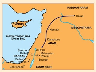 • • • Bethel • Beer-sheba Hebron  • • Bethlehem CANAAN Shechem Succoth •  Penuel • Mahanaim GILEAD •  Damascus •  Hamath EDOM  (SEIR) CYPRUS Mediterranean Sea (Great Sea) ARAM PADDAN-ARAM •  Haran MESOPOTAMIA 