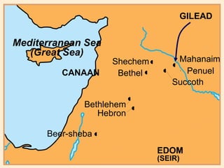 Bethel Beer-sheba Hebron Bethlehem CANAAN Shechem Succoth Penuel • Mahanaim EDOM  (SEIR) Mediterranean Sea (Great Sea) GILEAD • • • • • • • 