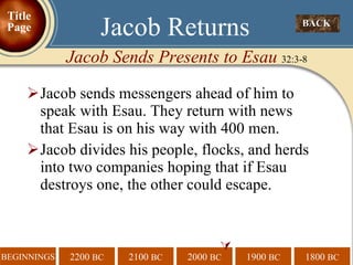 Jacob sends messengers ahead of him to speak with Esau. They return with news that Esau is on his way with 400 men. Jacob divides his people, flocks, and herds into two companies hoping that if Esau destroys one, the other could escape.  BACK  Jacob Returns Jacob Sends Presents to Esau  32:3-8 Title Page 