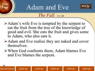 Adam’s wife Eve is tempted by the serpent to eat the fruit from the tree of the knowledge of good and evil. She eats the fruit and gives some to Adam, who also eats it.  Adam and Eve realize they are naked and cover themselves.  When God confronts them, Adam blames Eve and Eve blames the serpent.   The Fall   3:1-24 Adam and Eve BACK  Title Page 