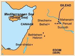 Bethel Beer-sheba Hebron Bethlehem CANAAN Shechem • EDOM  (SEIR) Mediterranean Sea (Great Sea) GILEAD • • • • • Succoth Penuel Mahanaim • • 