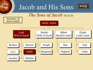 BACK  Jacob and His Sons The Sons of Jacob  35:23-26 Title Page Ancestor  of Jesus in Red 