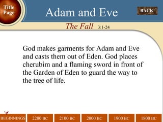 God makes garments for Adam and Eve and casts them out of Eden. God places cherubim and a flaming sword in front of the Garden of Eden to guard the way to the tree of life.  The Fall   3:1-24 Adam and Eve BACK  Title Page 