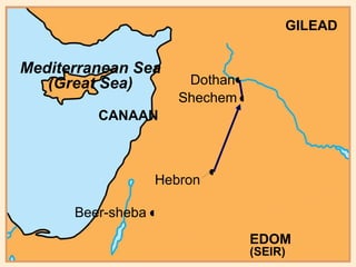 Beer-sheba Hebron CANAAN Shechem EDOM  (SEIR) Mediterranean Sea (Great Sea) GILEAD • • • Dothan • 