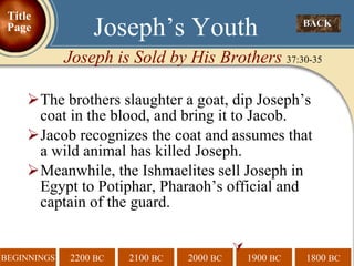 The brothers slaughter a goat, dip Joseph’s coat in the blood, and bring it to Jacob. Jacob recognizes the coat and assumes that a wild animal has killed Joseph.  Meanwhile, the Ishmaelites sell Joseph in Egypt to Potiphar, Pharaoh’s official and captain of the guard.  BACK  Joseph’s Youth Joseph is Sold by His Brothers  37:30-35 Title Page 