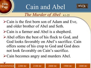 Cain is the first born son of Adam and Eve, and older brother of Abel and Seth. Cain is a farmer and Abel is a shepherd.  Abel offers the best of his flock to God, and God looks favorably on Abel’s sacrifice. Cain offers some of his crop to God and God does not look favorably on Cain’s sacrifice.  Cain becomes angry and murders Abel.   The Murder of Abel   4:1-25 Cain and Abel BACK  Title Page 