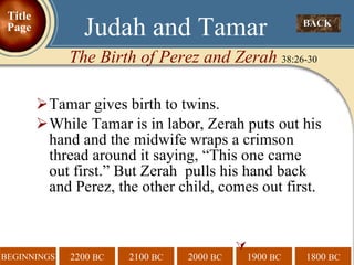 Tamar gives birth to twins.  While Tamar is in labor, Zerah puts out his hand and the midwife wraps a crimson thread around it saying, “This one came out first.” But Zerah  pulls his hand back and Perez, the other child, comes out first.   BACK  Judah and Tamar The Birth of Perez and Zerah  38:26-30 Title Page 
