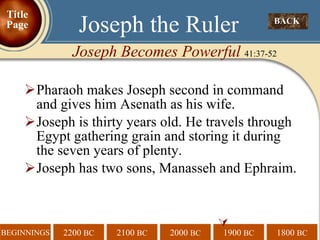 Pharaoh makes Joseph second in command  and gives him Asenath as his wife. Joseph is thirty years old. He travels through Egypt gathering grain and storing it during the seven years of plenty. Joseph has two sons, Manasseh and Ephraim.  BACK  Joseph the Ruler Joseph Becomes Powerful  41:37-52 Title Page 