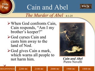 When God confronts Cain, Cain responds, “Am I my brother’s keeper?”  God curses Cain and  casts him away to the  land of Nod. God gives Cain a mark, which warns all people to not harm him.  The Murder of Abel   4:1-25 Cain and Abel BACK  Title Page Cain and Abel Pietro Novelli 