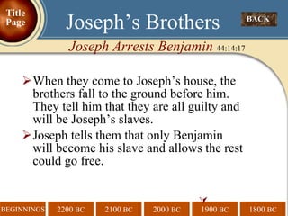 When they come to Joseph’s house, the brothers fall to the ground before him. They tell him that they are all guilty and will be Joseph’s slaves. Joseph tells them that only Benjamin will become his slave and allows the rest could go free.  BACK  Joseph’s Brothers Joseph Arrests Benjamin  44:14:17 Title Page 