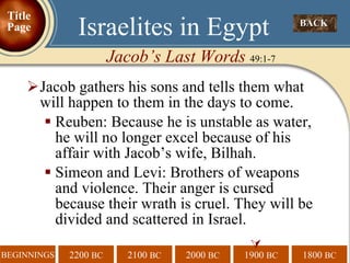 Jacob gathers his sons and tells them what will happen to them in the days to come.  Reuben: Because he is unstable as water, he will no longer excel because of his affair with Jacob’s wife, Bilhah.  Simeon and Levi: Brothers of weapons and violence. Their anger is cursed because their wrath is cruel. They will be divided and scattered in Israel.   BACK  Israelites in Egypt Jacob’s Last Words  49:1-7 Title Page 